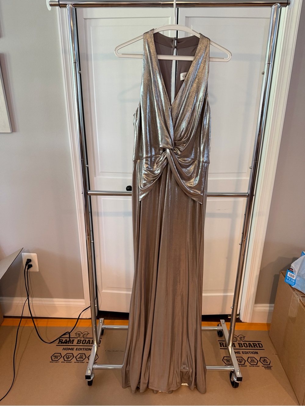 Eliza J Metallic Taupe Draped Sleeveless Prom Gown
